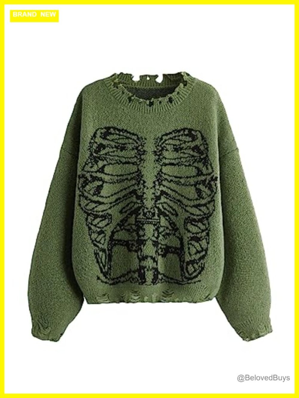 Oversized Skeleton Pattern Ripped Sweater Pullover Round Neck